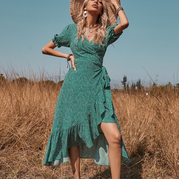 Boho Red Polka Dot Ruffle Wrap Midi Dress - Picture 2 of 12